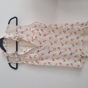 Sheer top with lace panel - Sz L bird pattern